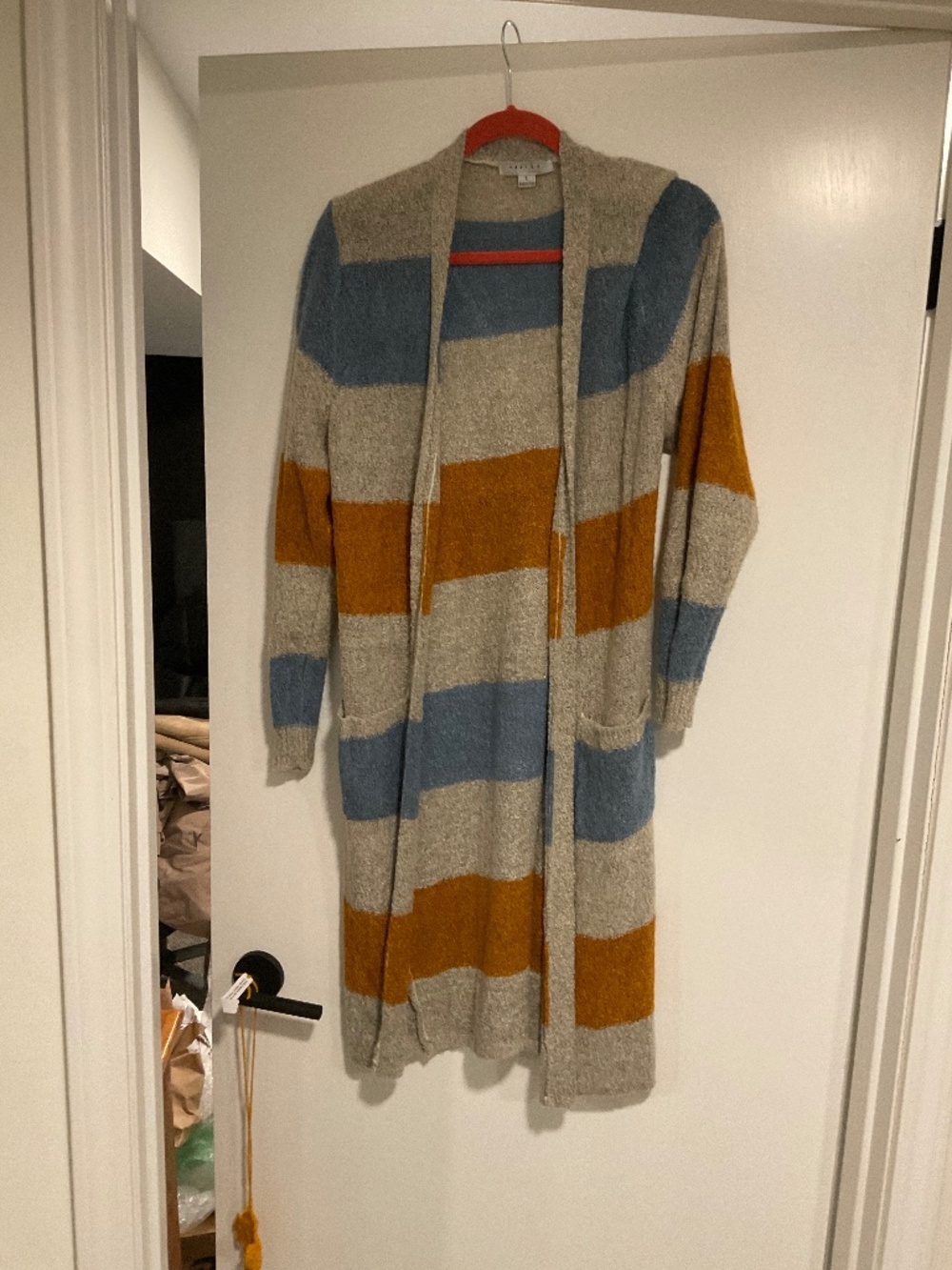 L Blue, Grey, and Orange Favlux Cardigan
